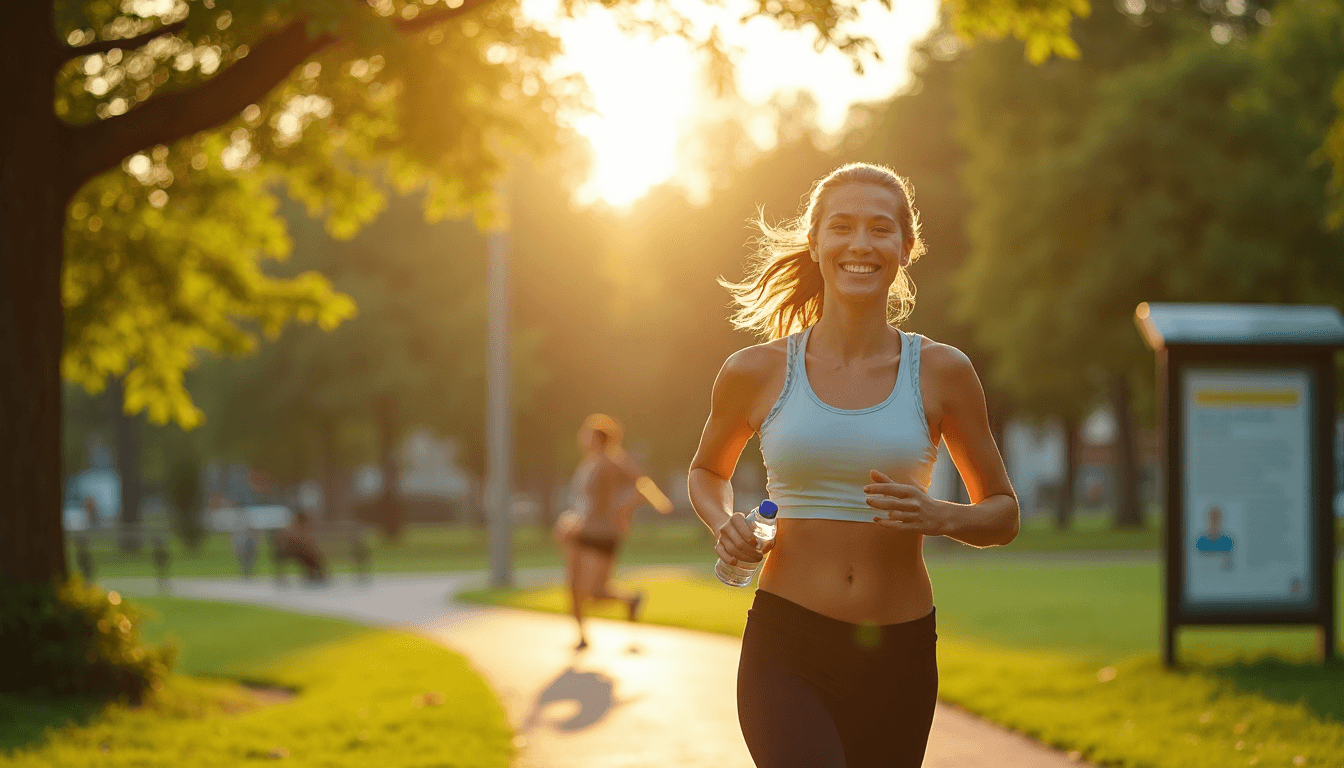 Energetic person walking in a sunny park with 'Mehr Energie' on sign