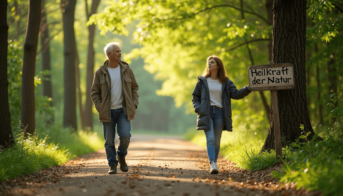 Two people walking and breathing in a sunlit forest with 'Heilkraft der Natur' on sign