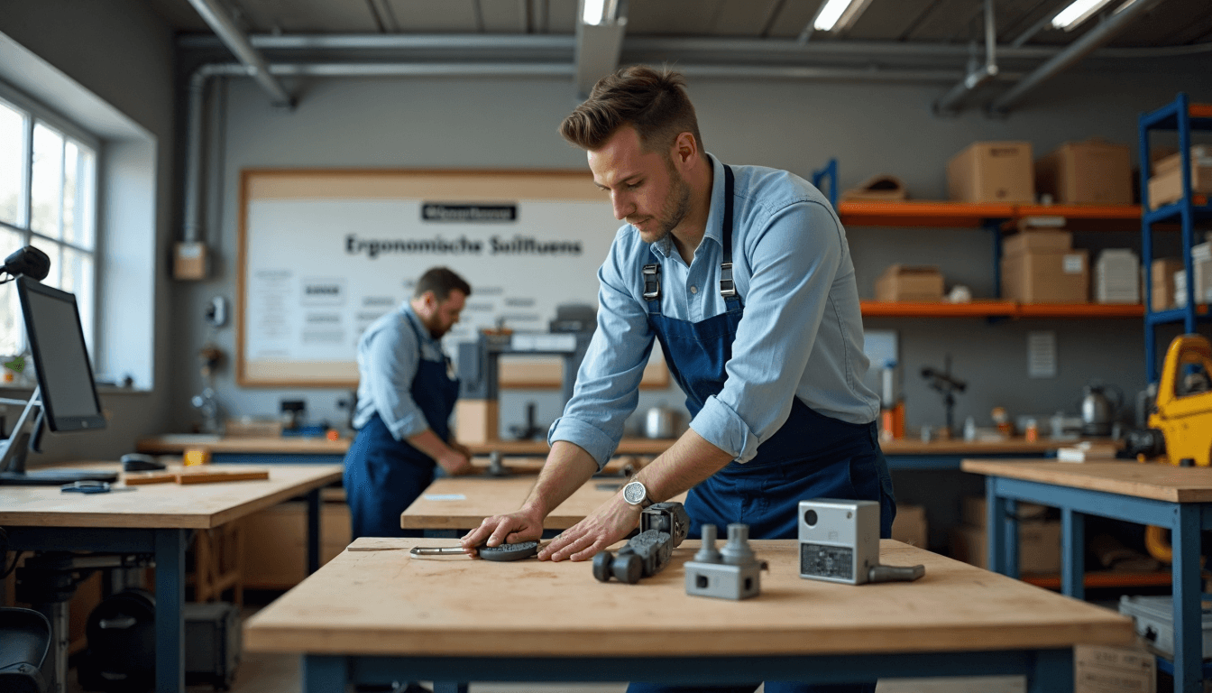 Industrial workspace with ergonomic workstation adjustments and educational poster