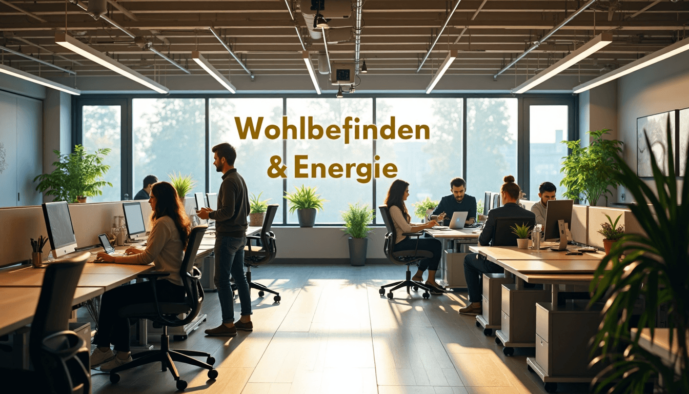 Modern office with ergonomic furniture, natural light, and people working healthily