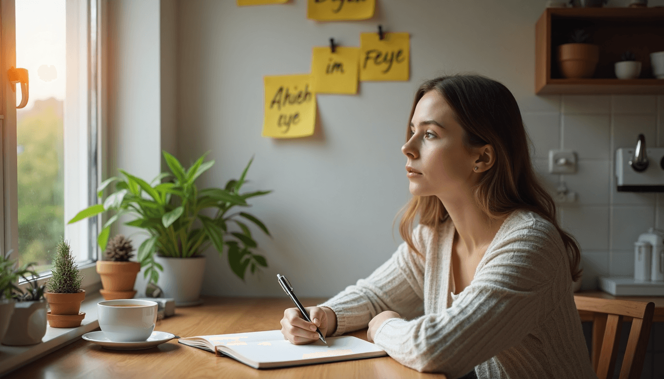 Young adult reflecting at table, 'Energie im Alltag' sticky note on wall