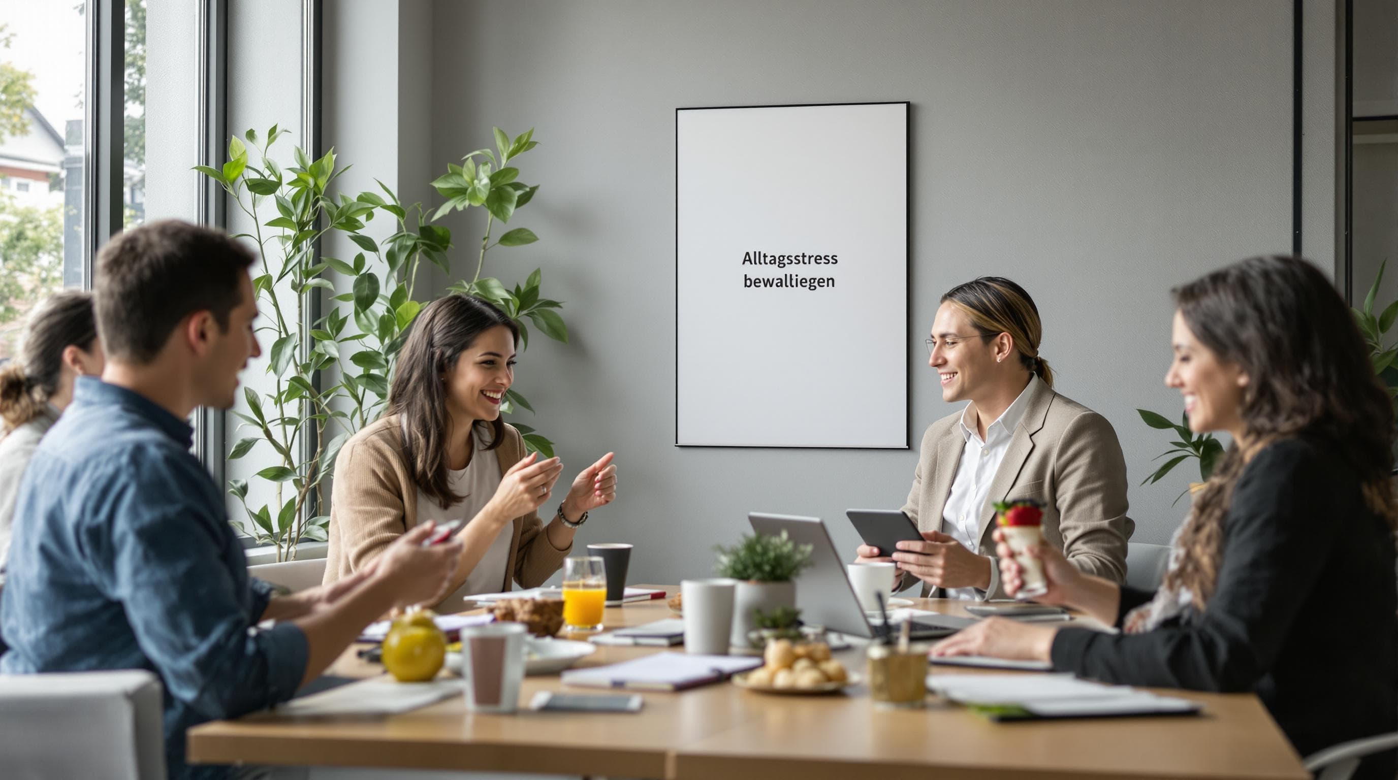 Professionals in bright office reducing Alltagsstress with teamwork.