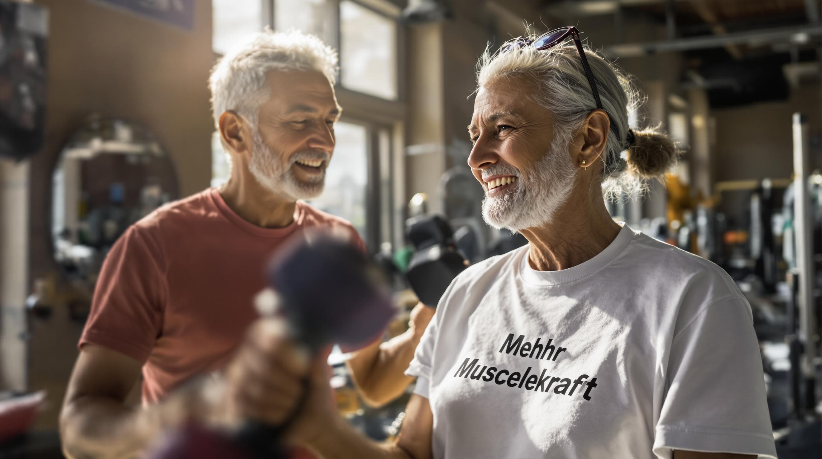 Older adults doing weight training, T-shirt with Mehr Muskelkraft