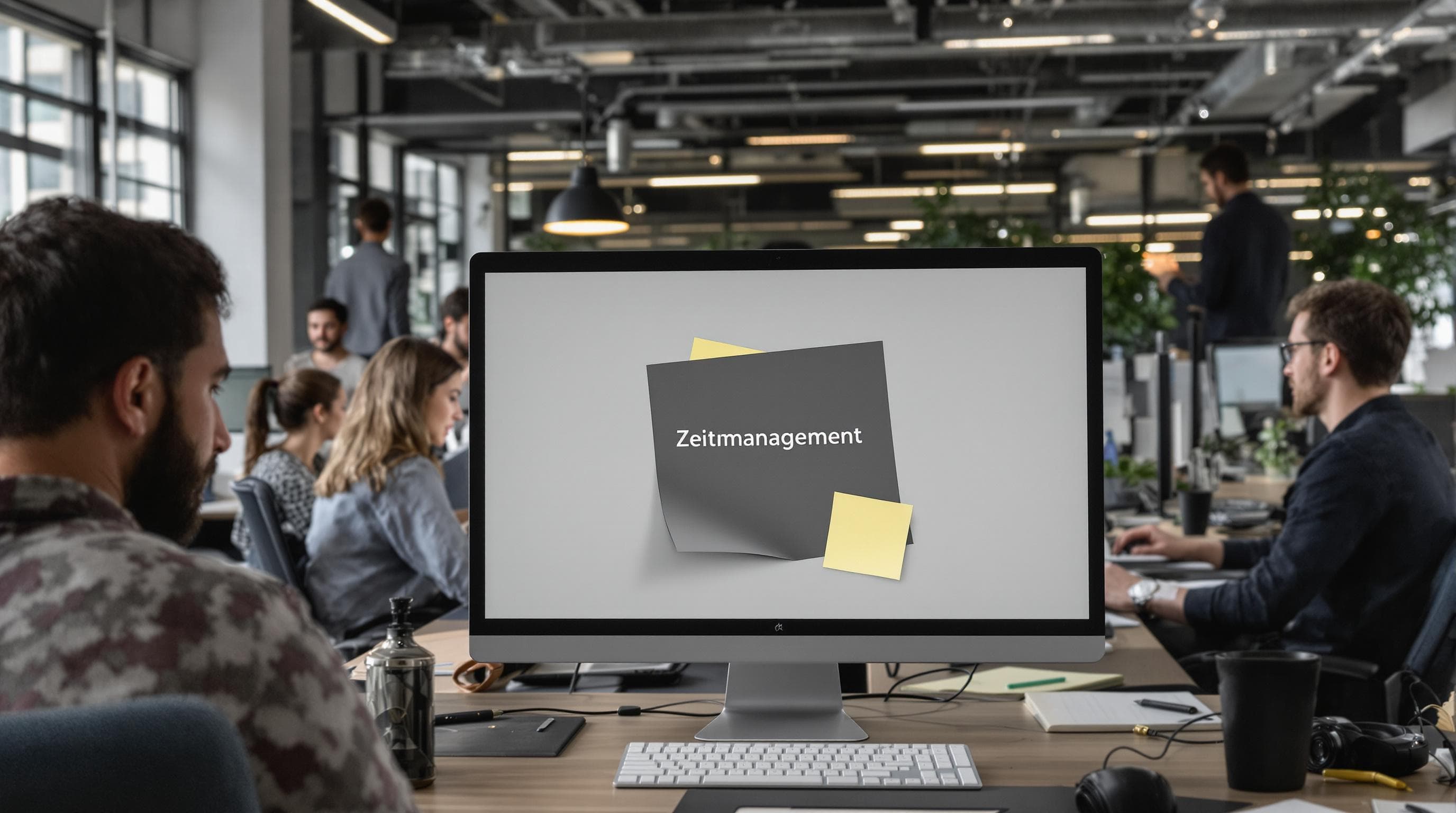 Mitarbeiter im Büro mit Pausen, Laptops und 'Zeitmanagement' am Bildschirm