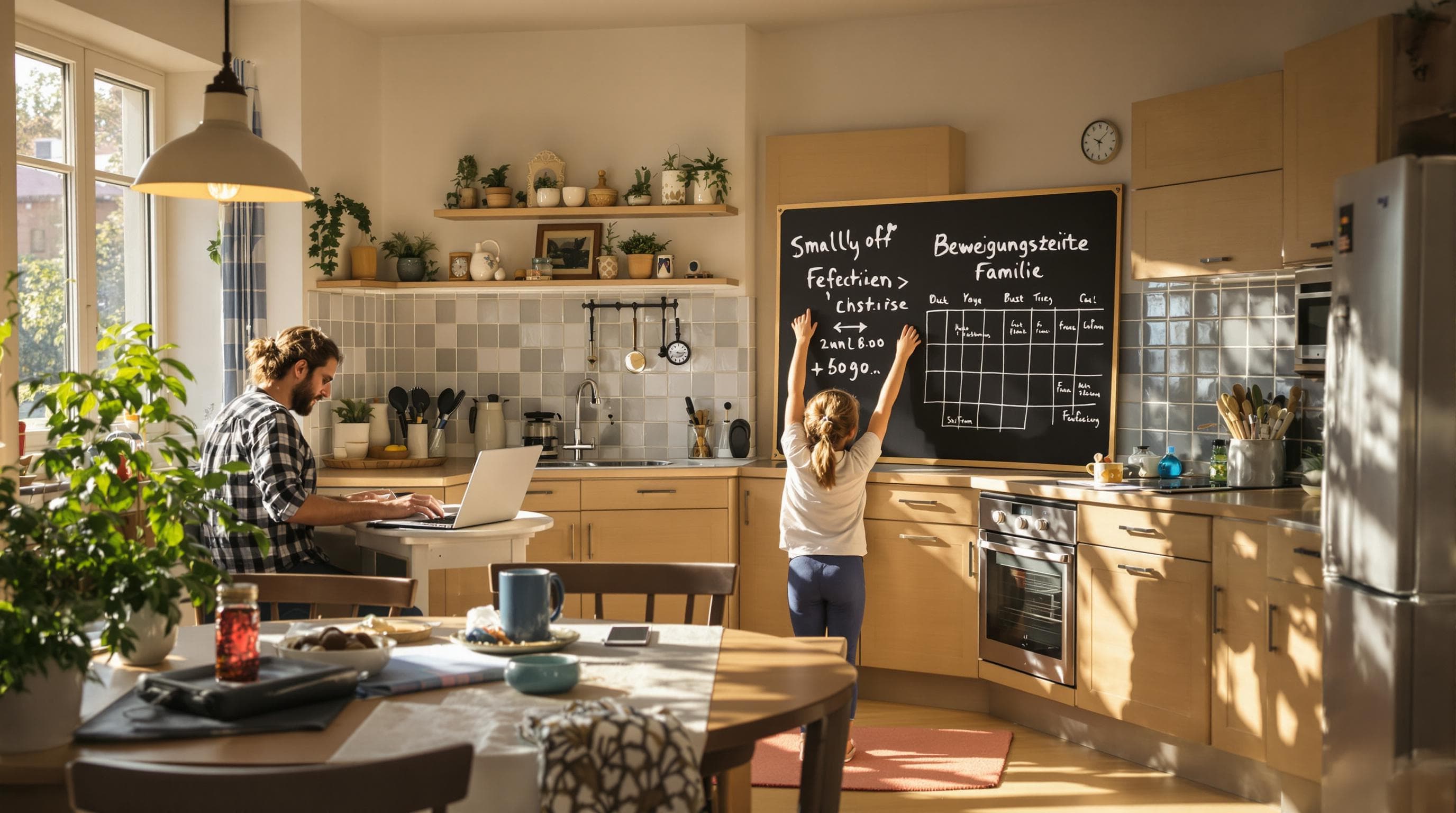 Family multitasks with work, exercise, and cooking at home