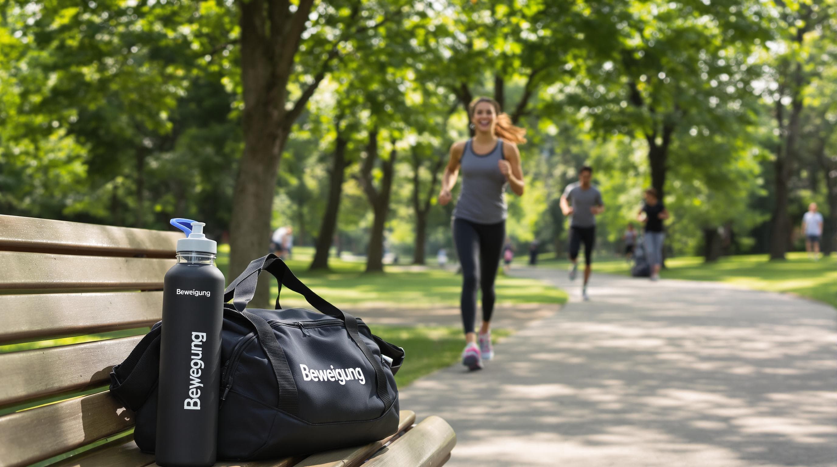Two friends jog in city park with Bewegung bottle on bench