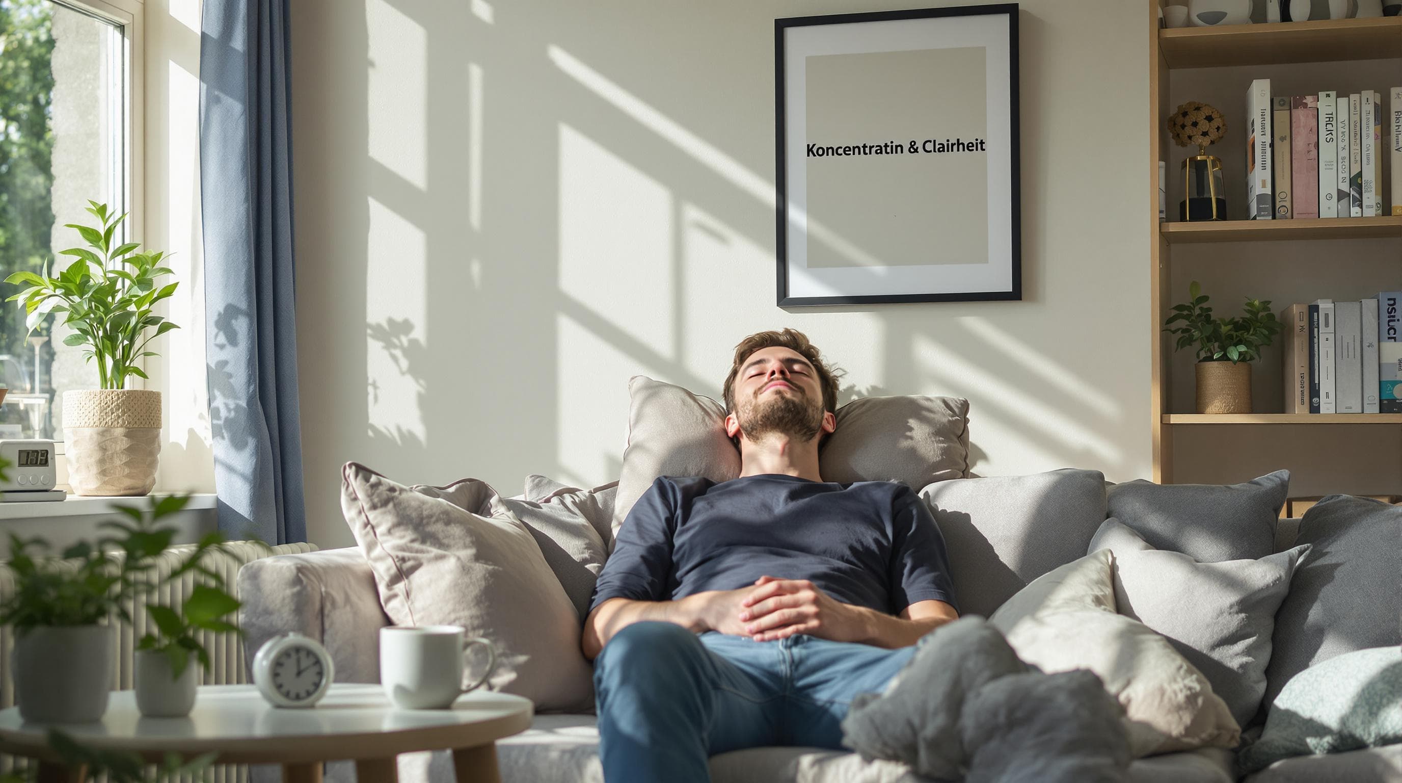 Man taking a short nap in living room with 'Konzentration & Klarheit' sign nearby