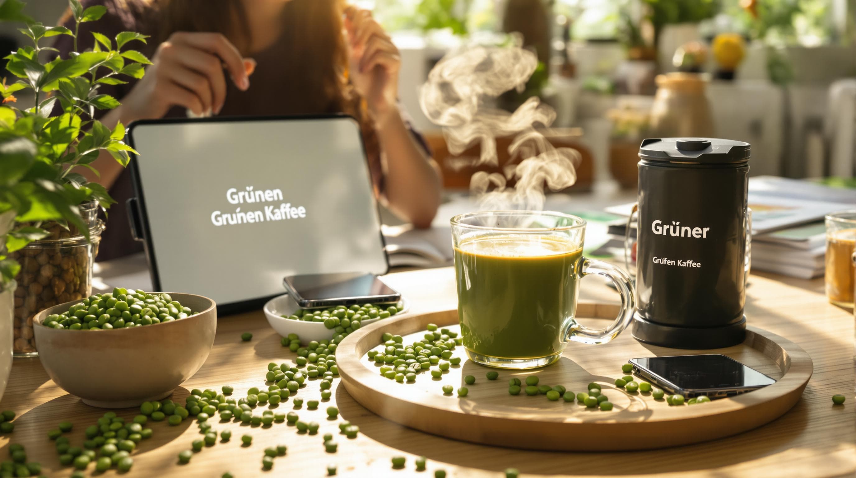 Woman with green coffee and unroasted beans in sunny kitchen