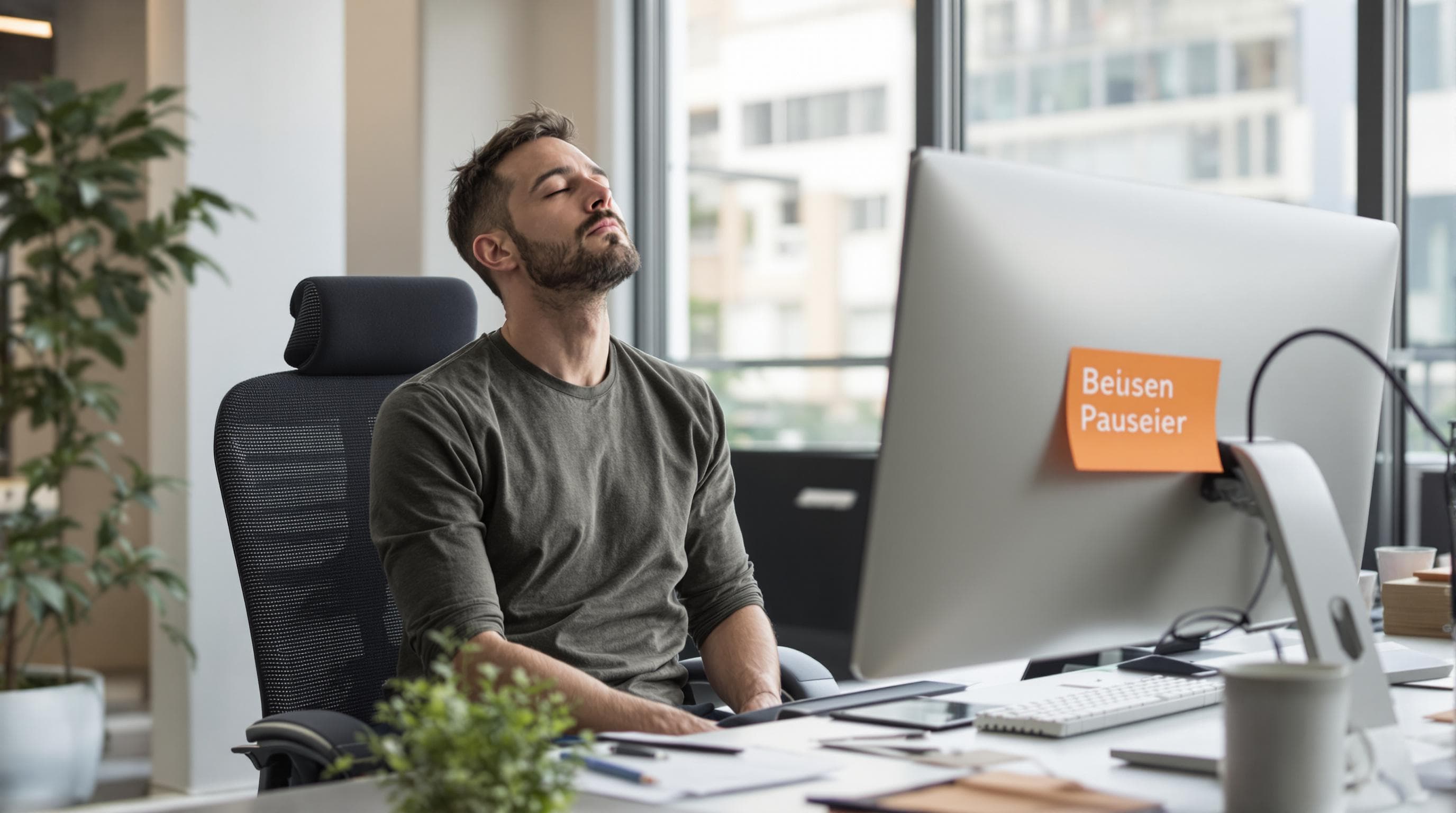 Man meditating at his desk with 'Bewusst Pausieren' on sticky note