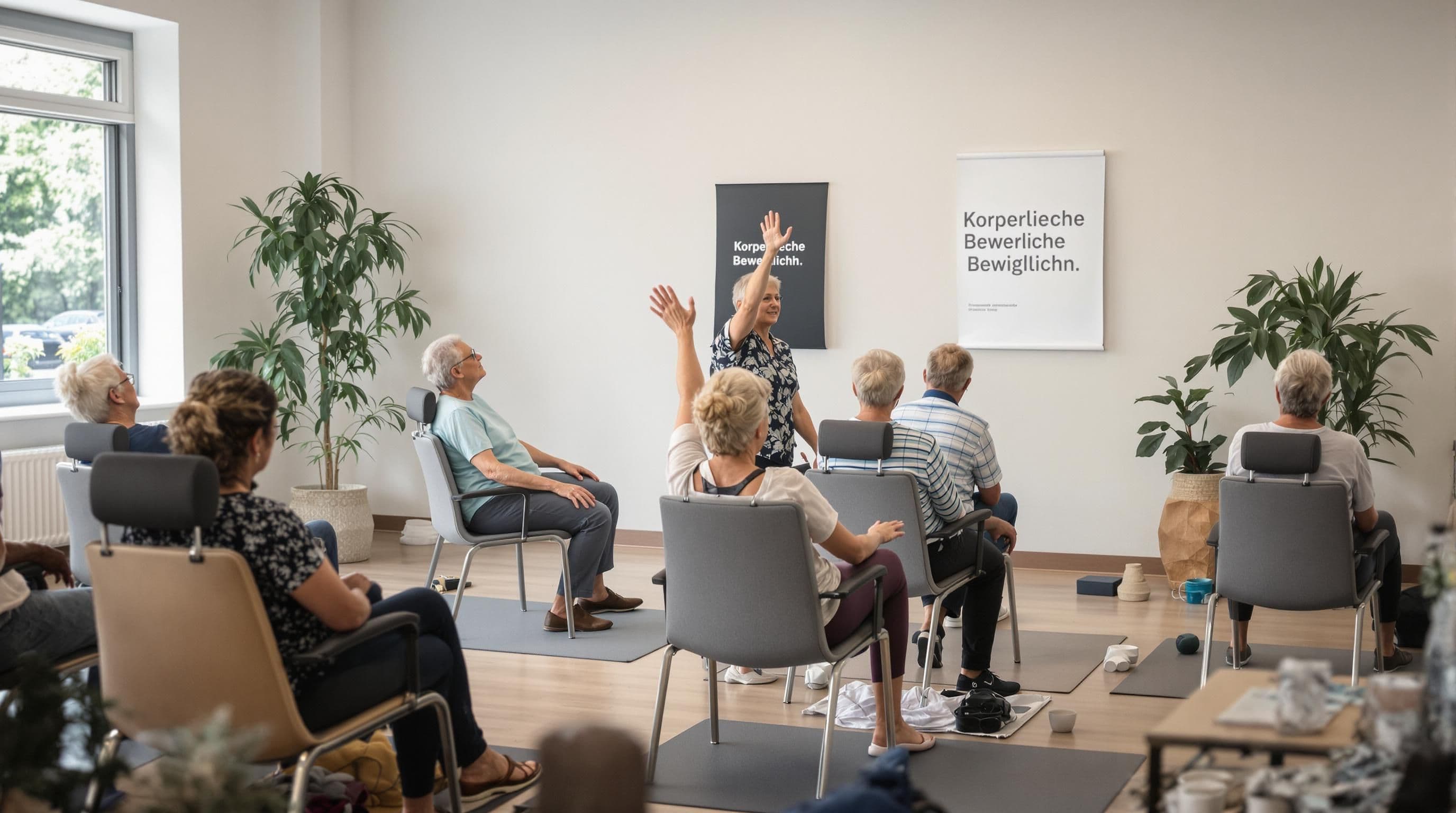 Group of seniors in community center doing chair yoga, poster reads 'Körperliche Beweglichkeit'.
