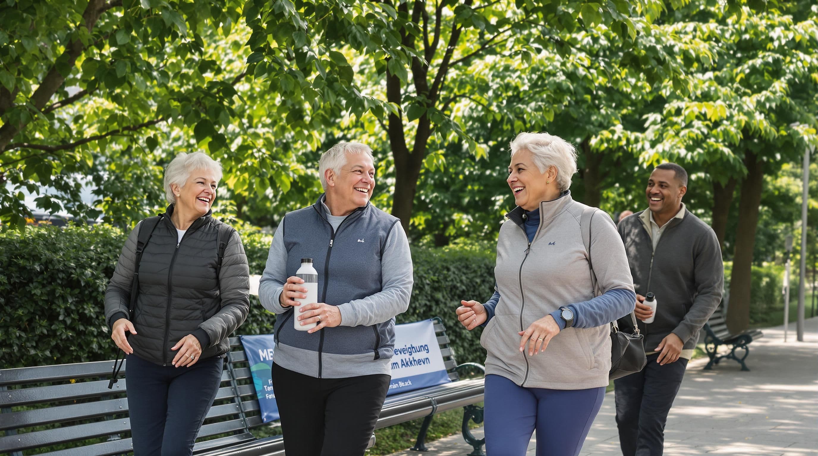 Active seniors walking together in city park, promoting movement