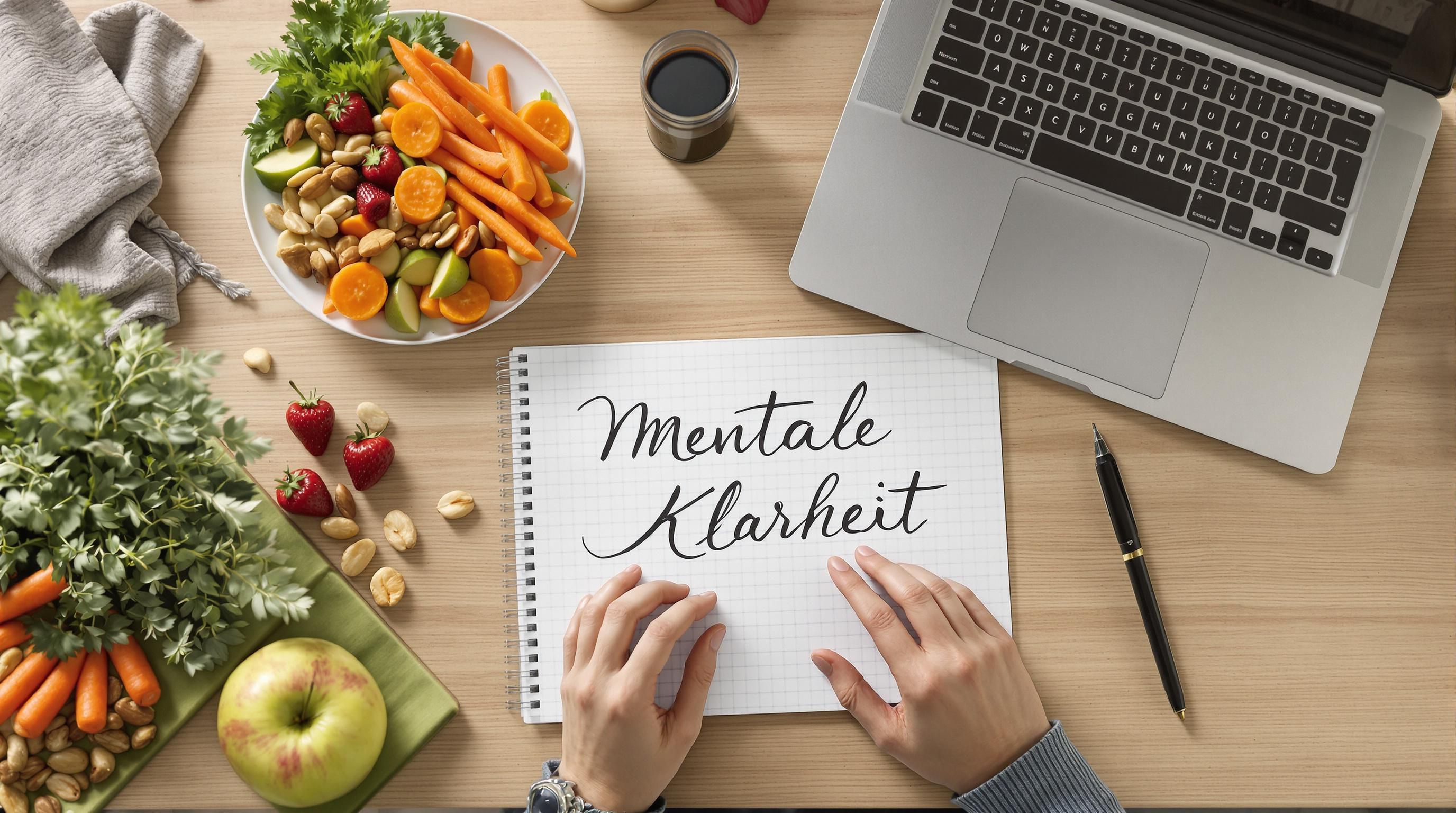 Professional eating healthy snack at desk with 'Mentale Klarheit' on notepad
