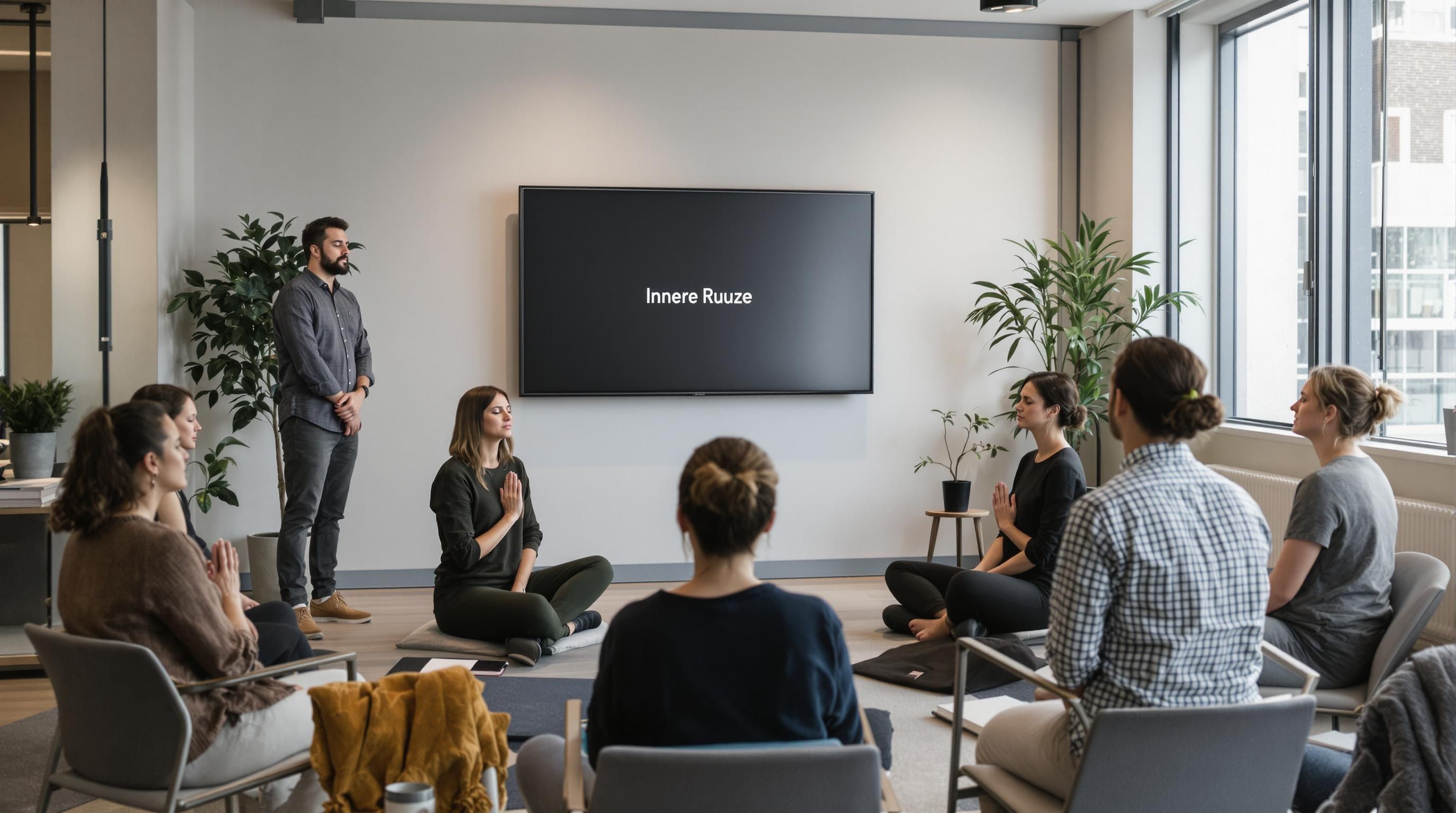 Office workers practice group breathing exercises, 'Atemtechnik' displayed on screen.