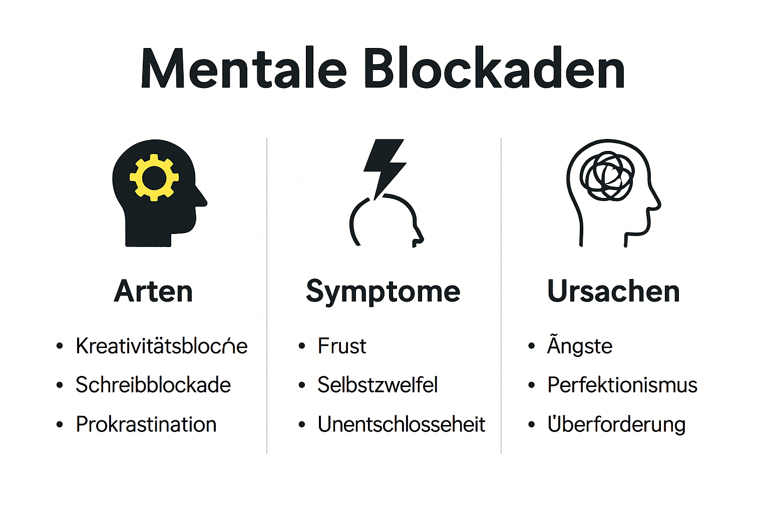 Infografik mit Typen, Symptomen und Ursachen mentaler Blockaden