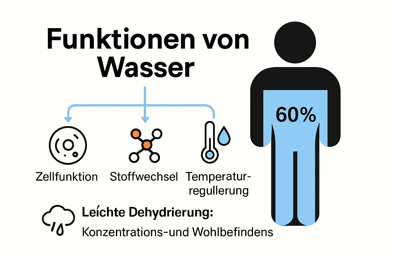 Biologische Bedeutung von Wasser im Körper – Funktionen und Auswirkungen von Wassermangel grafisch erläutert