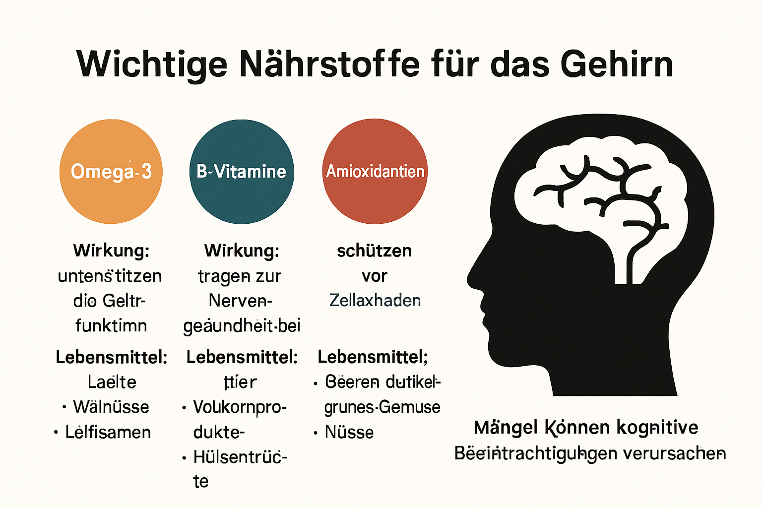 Infografik: Wesentliche Nährstoffe für das Gehirn und deren Wirkung