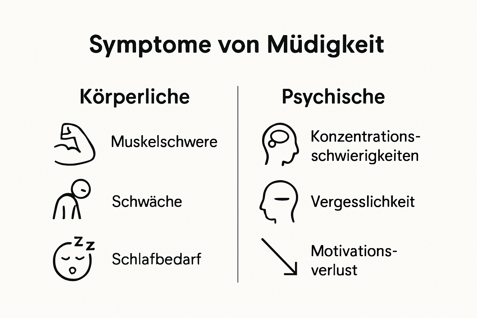 Infografik mit physischen und mentalen Symptomen von Müdigkeit im Vergleich