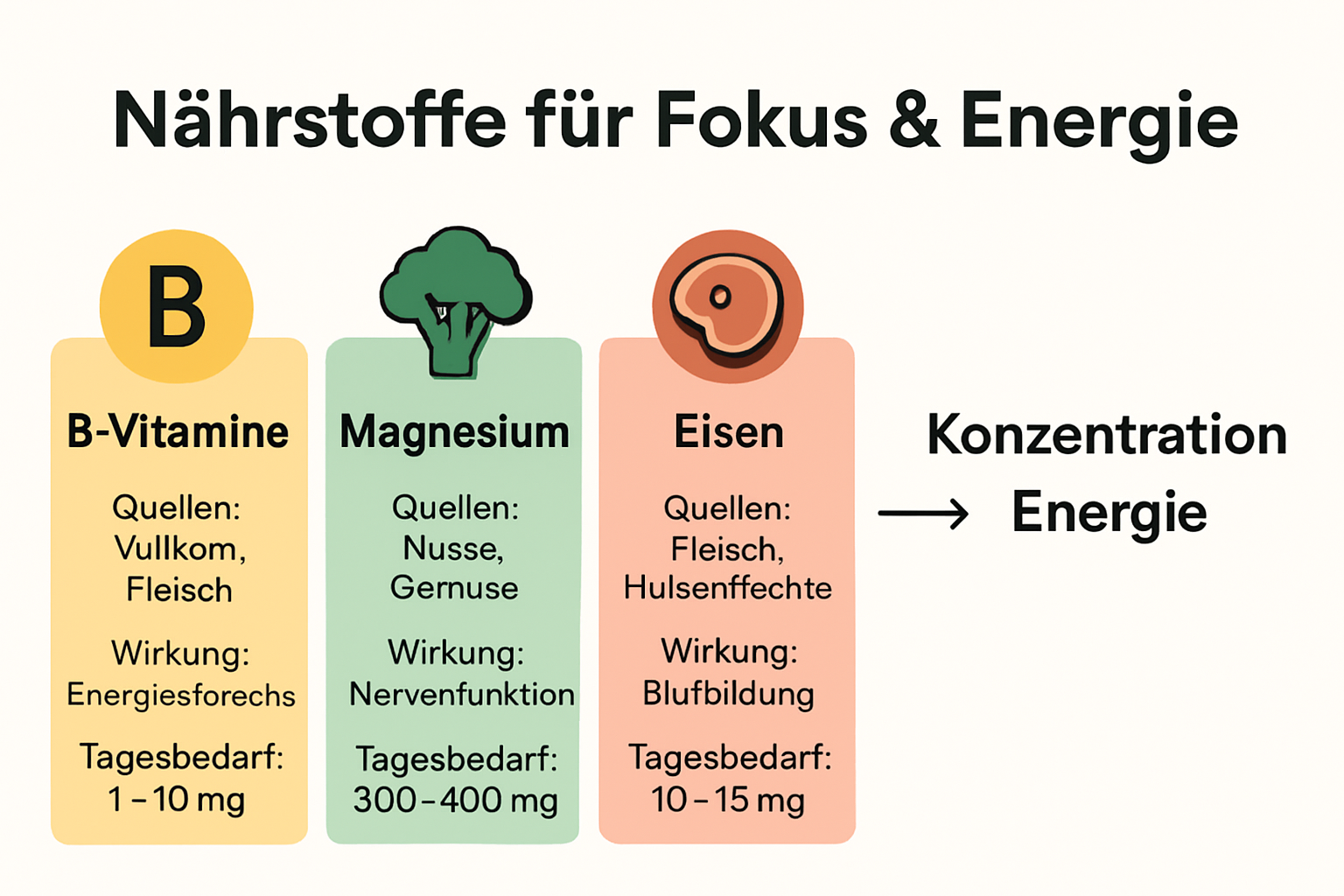 Infographic showing important nutrients for energy and focus