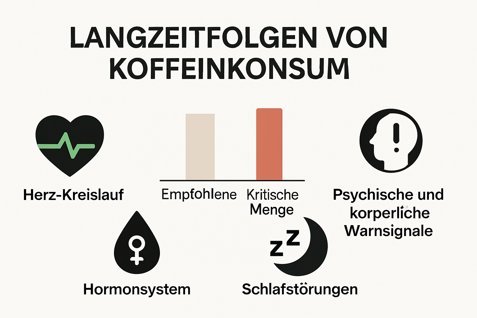 Infografik mit Langzeitfolgen von Koffeinkonsum für Herz, Hormone, Schlaf und Psyche