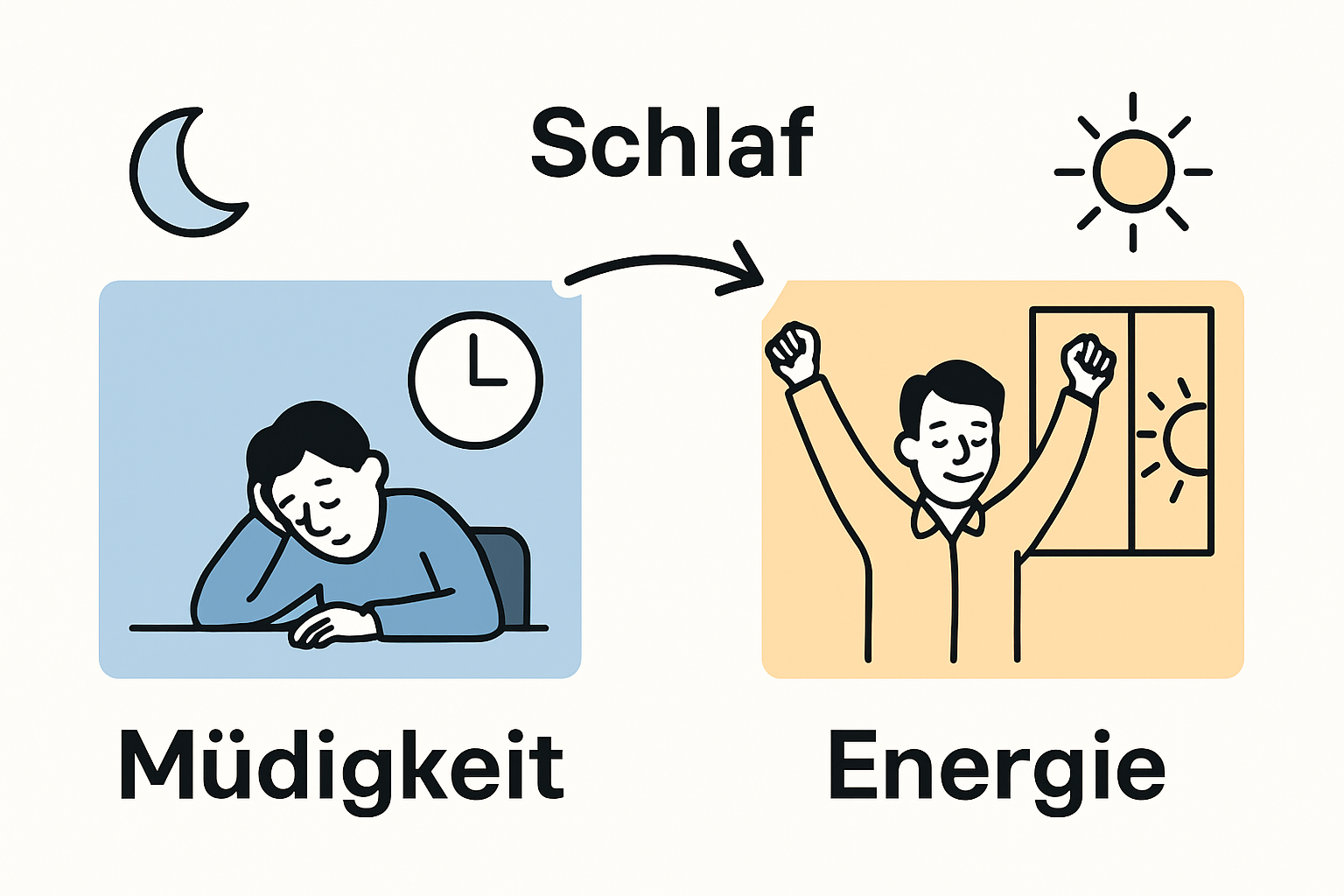 Vergleich zwischen Energiemangel vor und nach besserem Schlaf