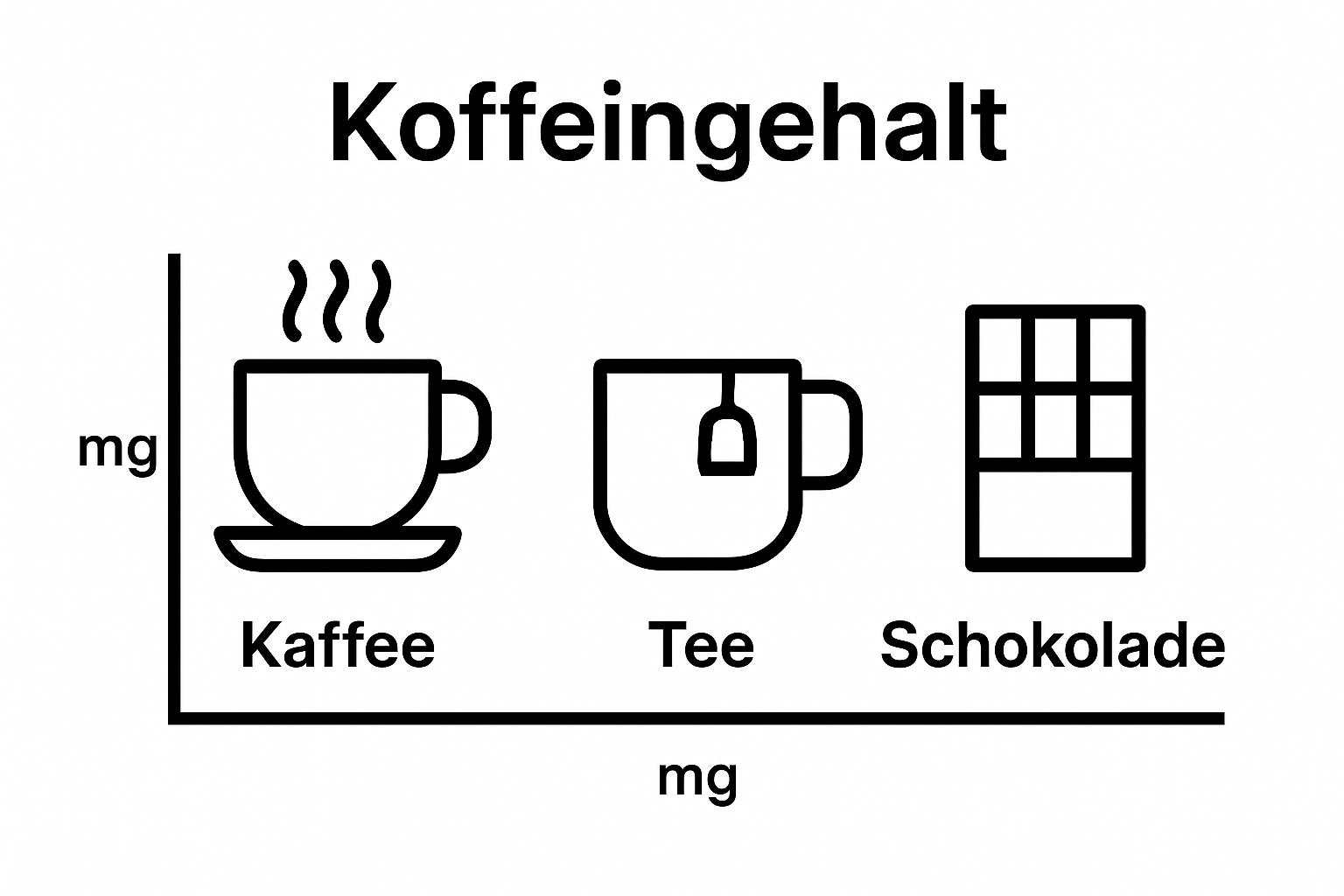 Vergleich Caffeine in Kaffee, Tee und Schokolade als Icons