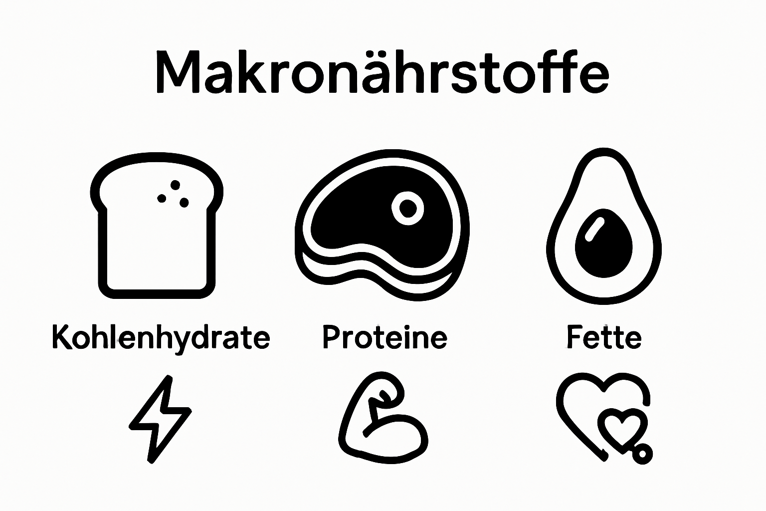 Drei Icons für Kohlenhydrate, Proteine, Fette mit Funktionssymbolen