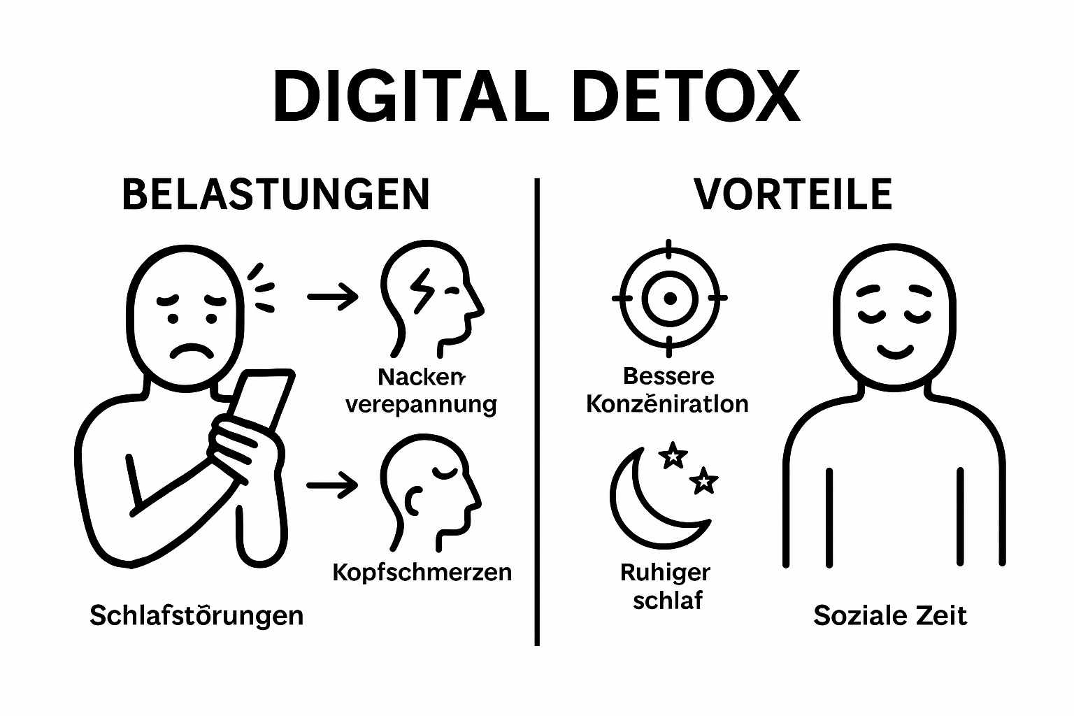 Vergleich von Belastungen digitaler Dauerpräsenz mit Vorteilen eines Digital Detox