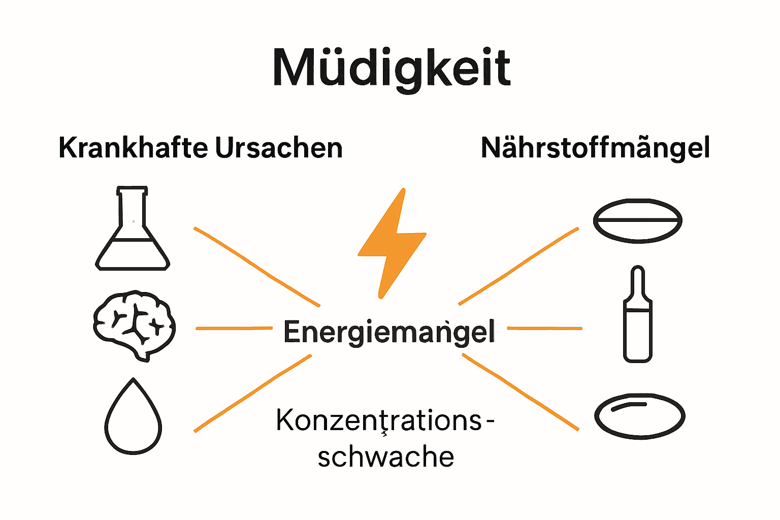 Vergleichs-Infografik: Krankheiten vs. Nährstoffmangel als Ursachen von Müdigkeit.