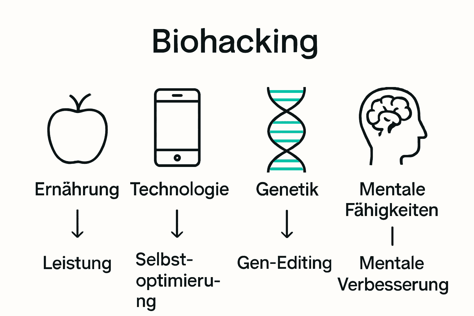 Infografik zeigt vier Arten von Biohacking als Symbole und kurze Beschreibungen.