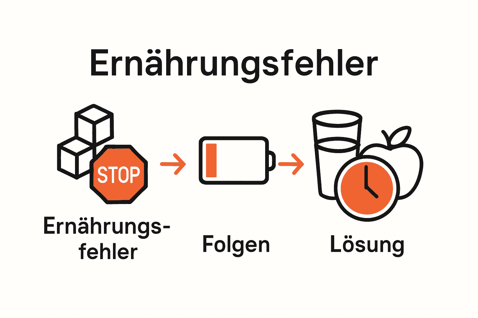 Infografik zeigt Zusammenhänge von Ernährungsfehlern, Erschöpfung und Lösungsstrategien.