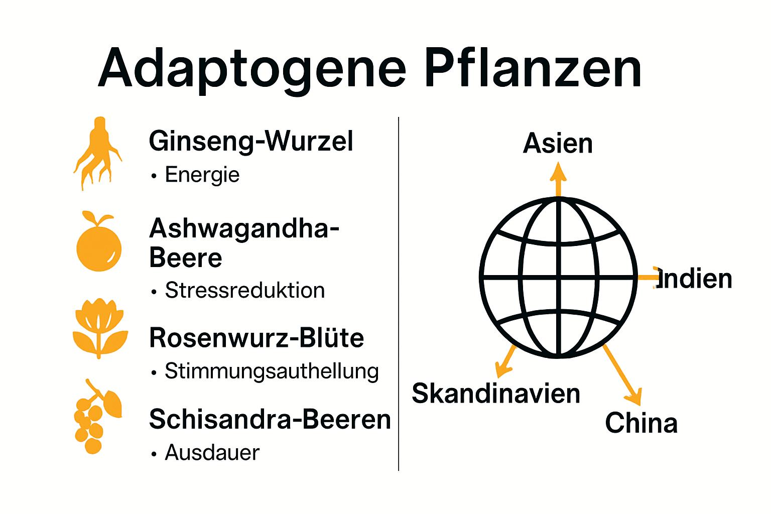 Infografik zu Arten und Herkunft adaptogener Pflanzen