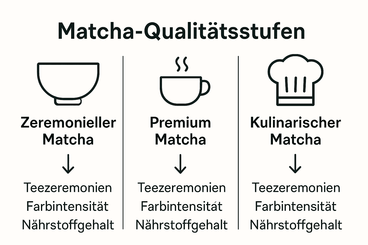 Vergleich grafisch: Zeremonieller, Premium und Kulinarischer Matcha mit Symbolen und Hauptunterschieden