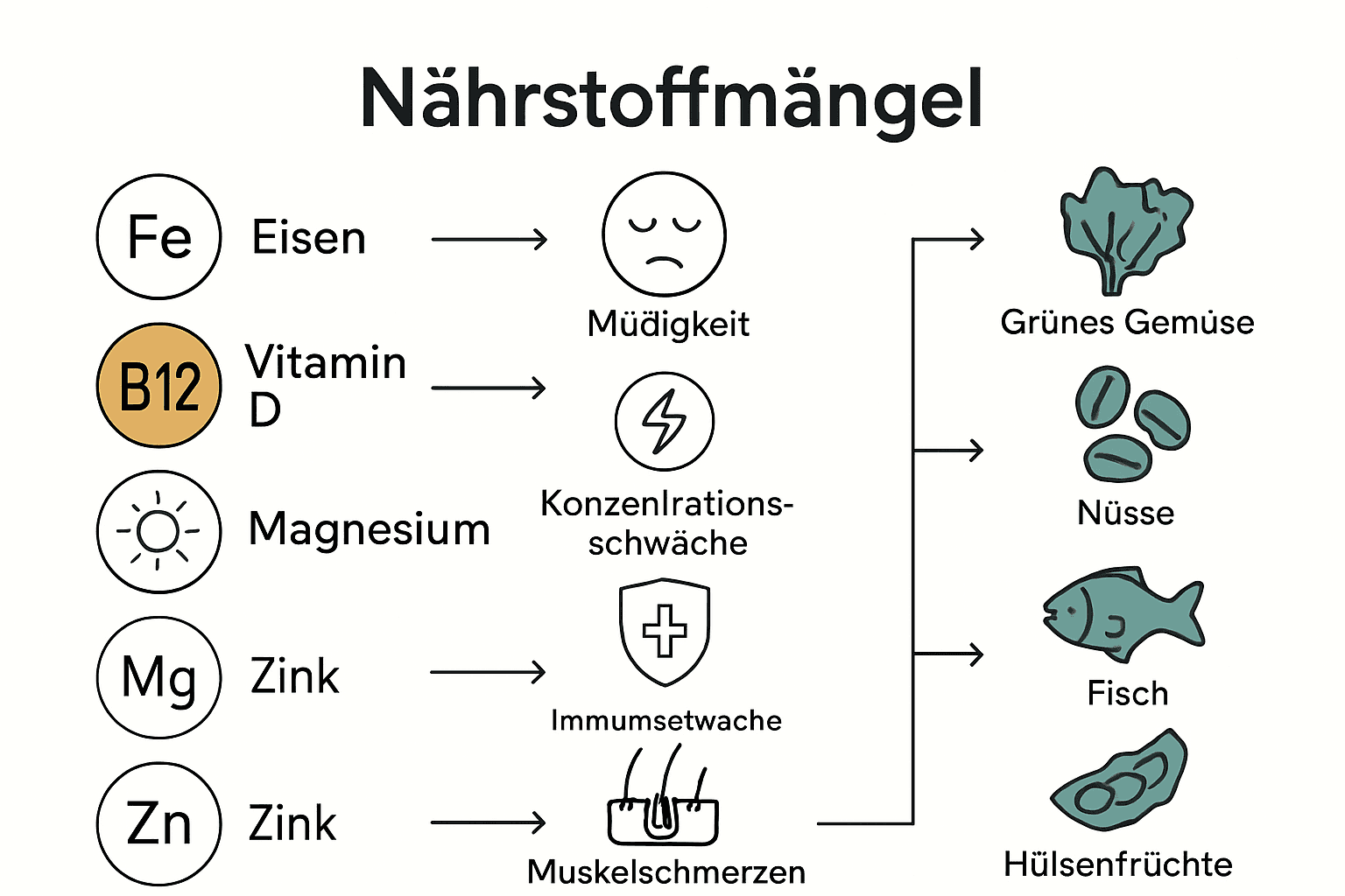 Vergleich Nährstoffmangel, Symptome und Lebensmittel