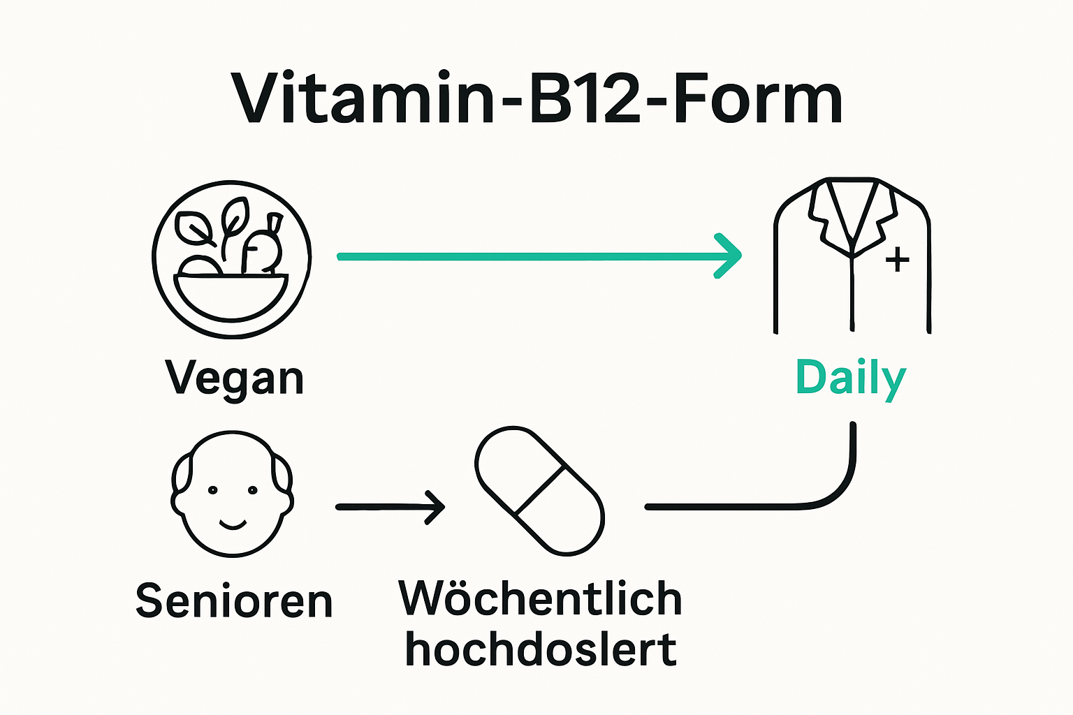 Infografik: B12-Formen und Gruppen mit Icons und Pfeilen