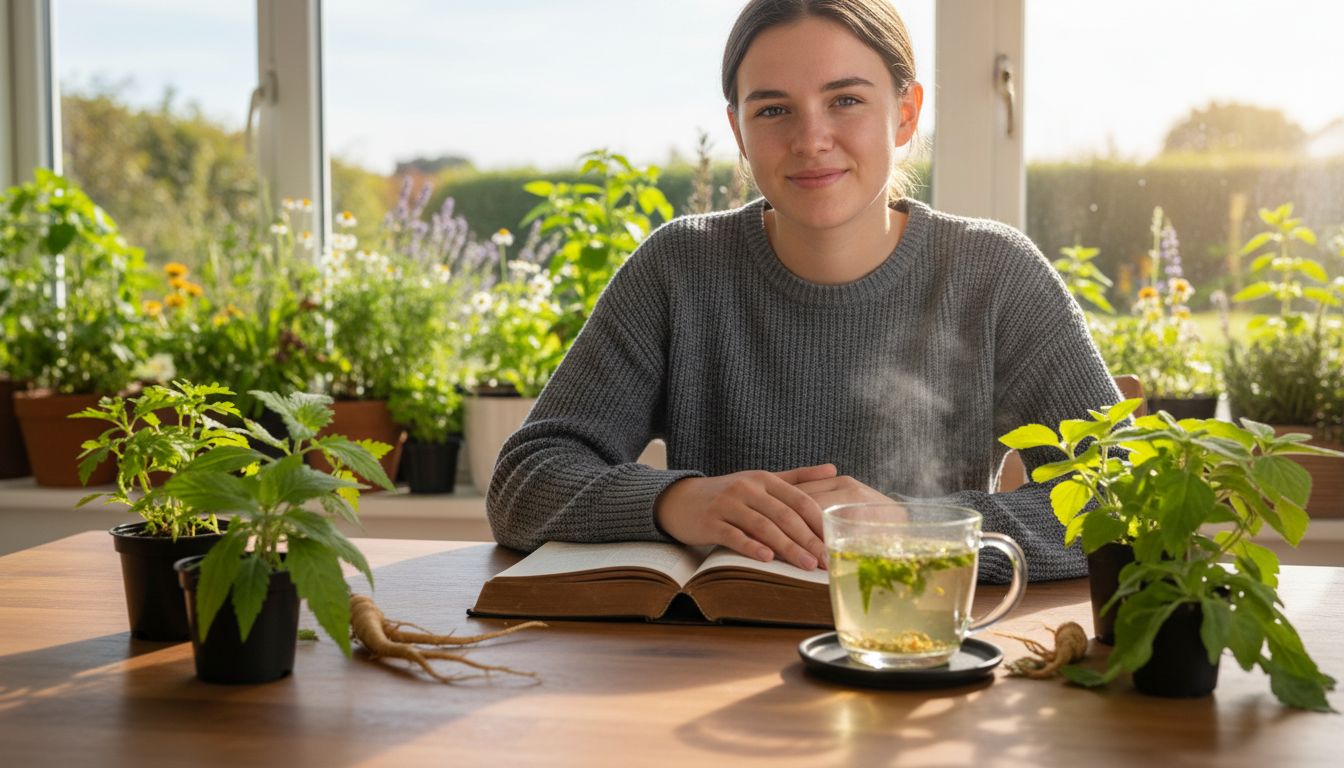 Entspannte Person mit Adaptogen-Tee am Tisch