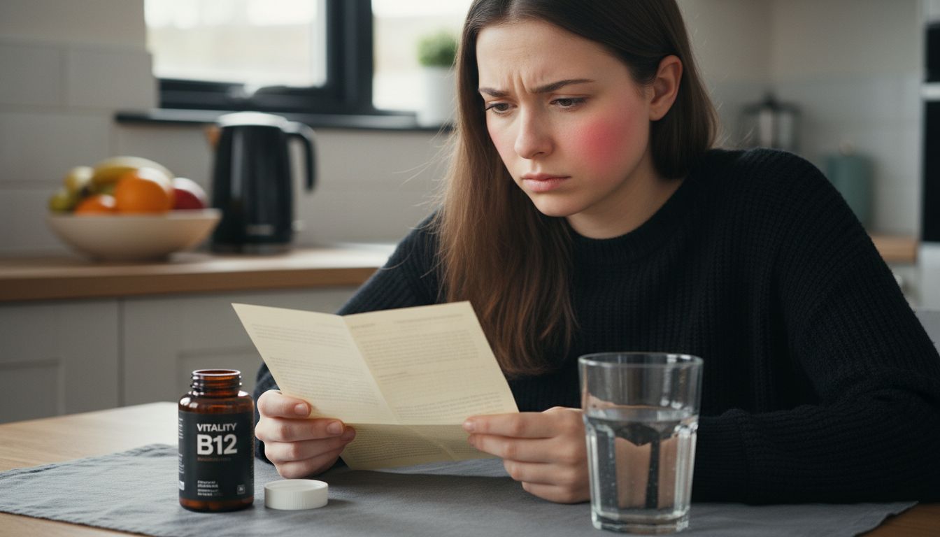 Person reviews B12 leaflet showing mild concern