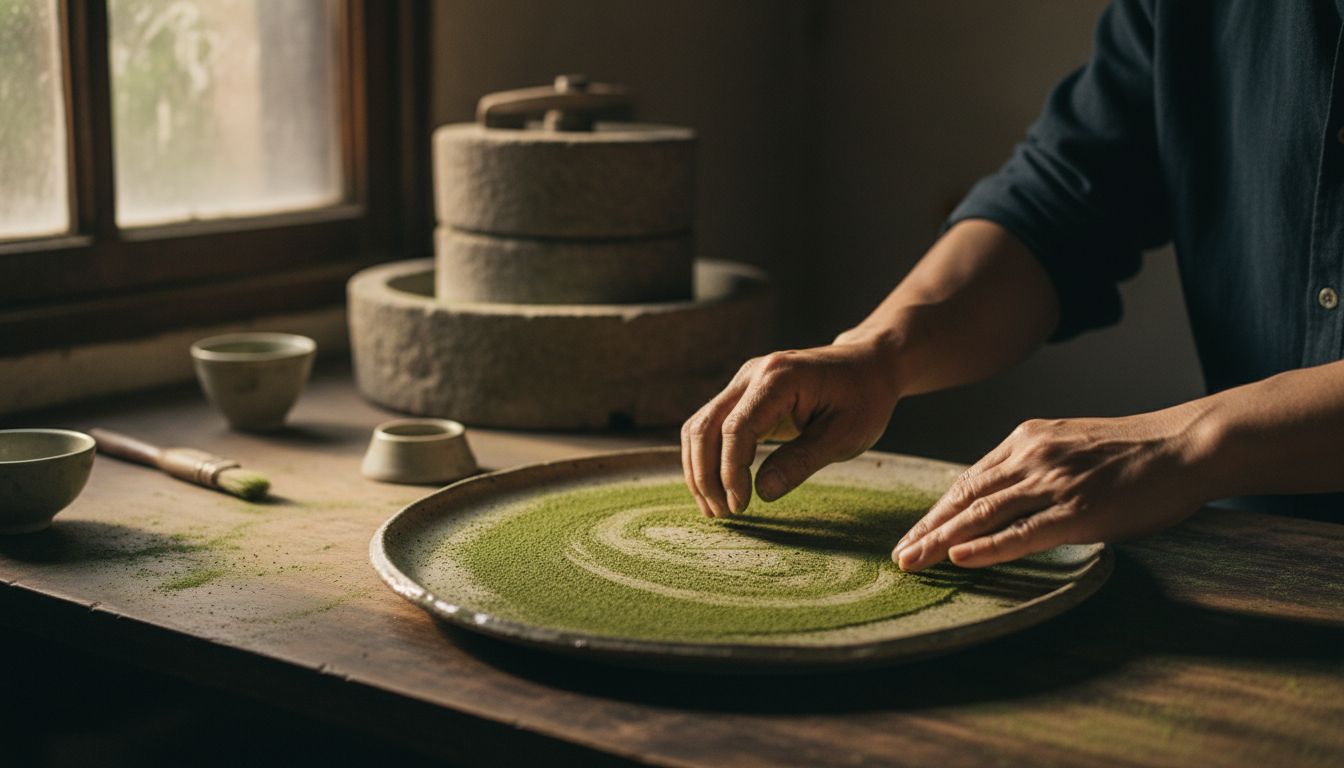 Tea farmer handling fresh matcha powder