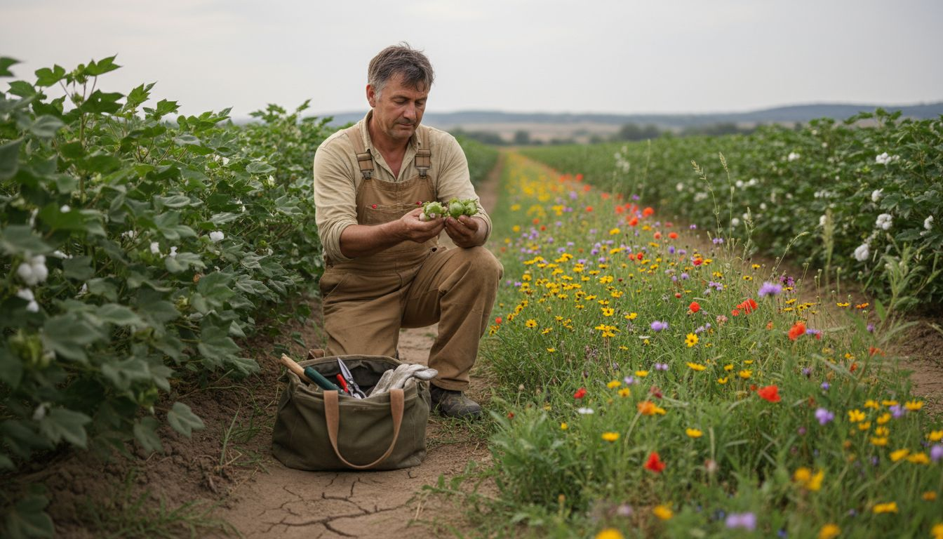 Agricoltore che controlla il cotone biologico in campo