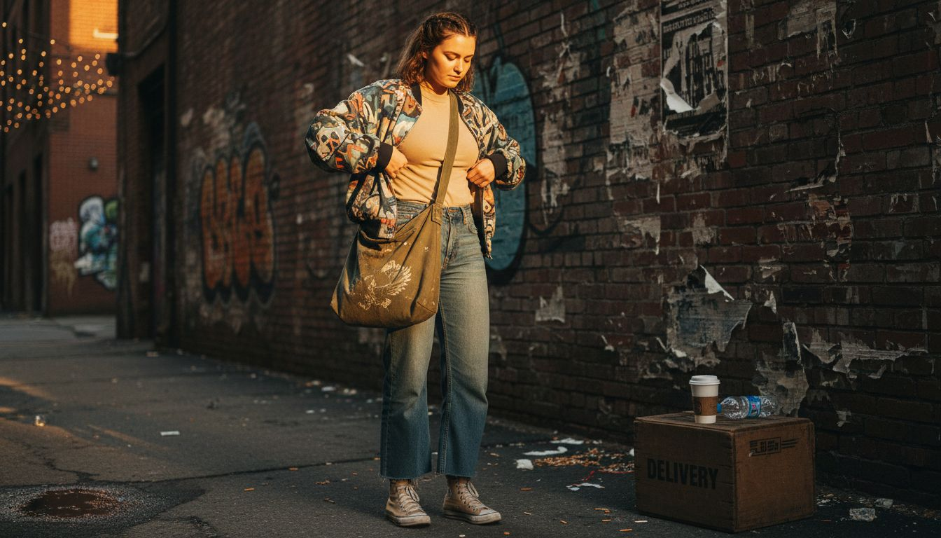 Donna con outfit streetwear a strati e capi statement