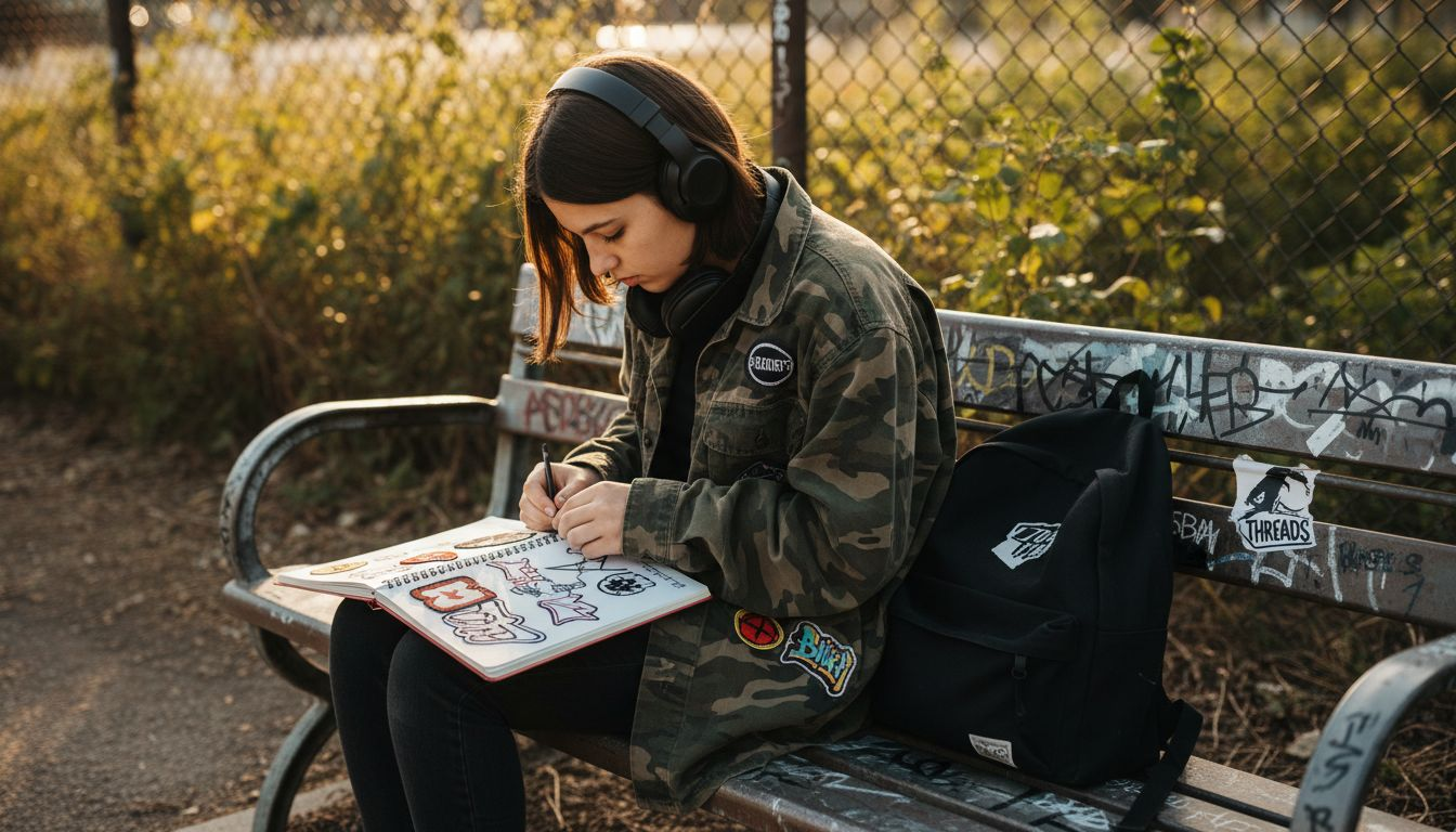 Ragazza adolescente che personalizza streetwear al parco