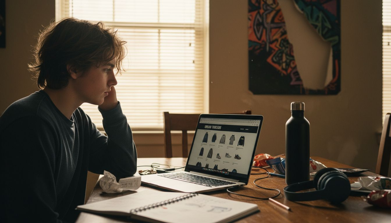 Adolescente che naviga online tra collezioni streetwear selezionate