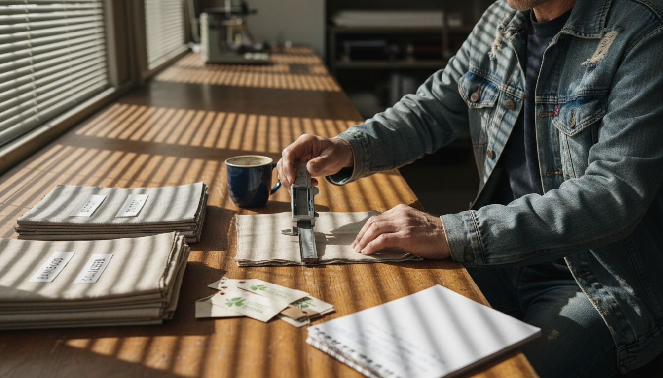 Tecnico che misura campioni di tessuto ecologico