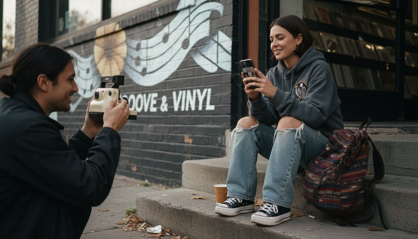 Giovani adulti che condividono foto streetwear all’aperto