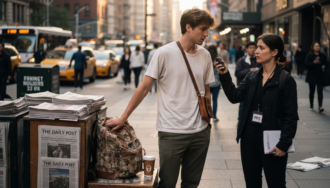 Uomo intervistato sulla moda sostenibile per strada