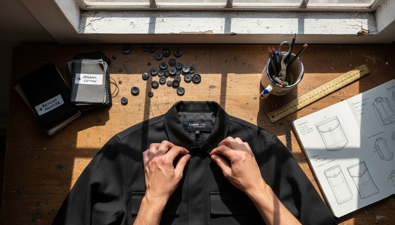 Hands inspecting sustainable streetwear jacket fabric