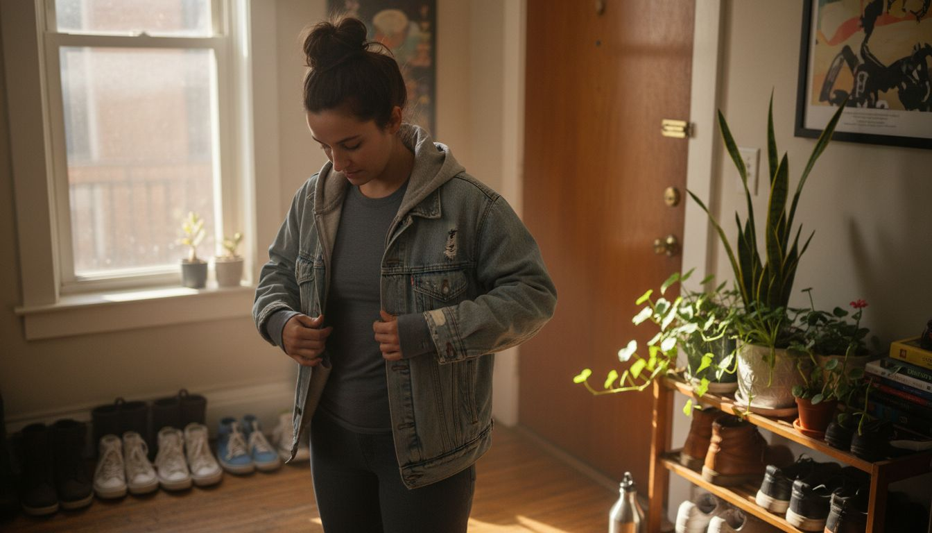 Gelaagde duurzame streetwear gestyled thuis