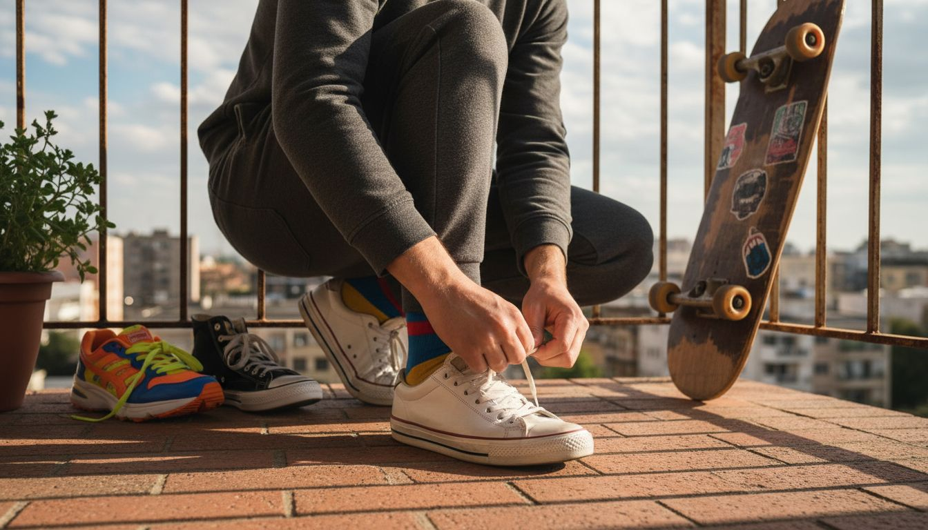 Person tying sneakers among shoe options