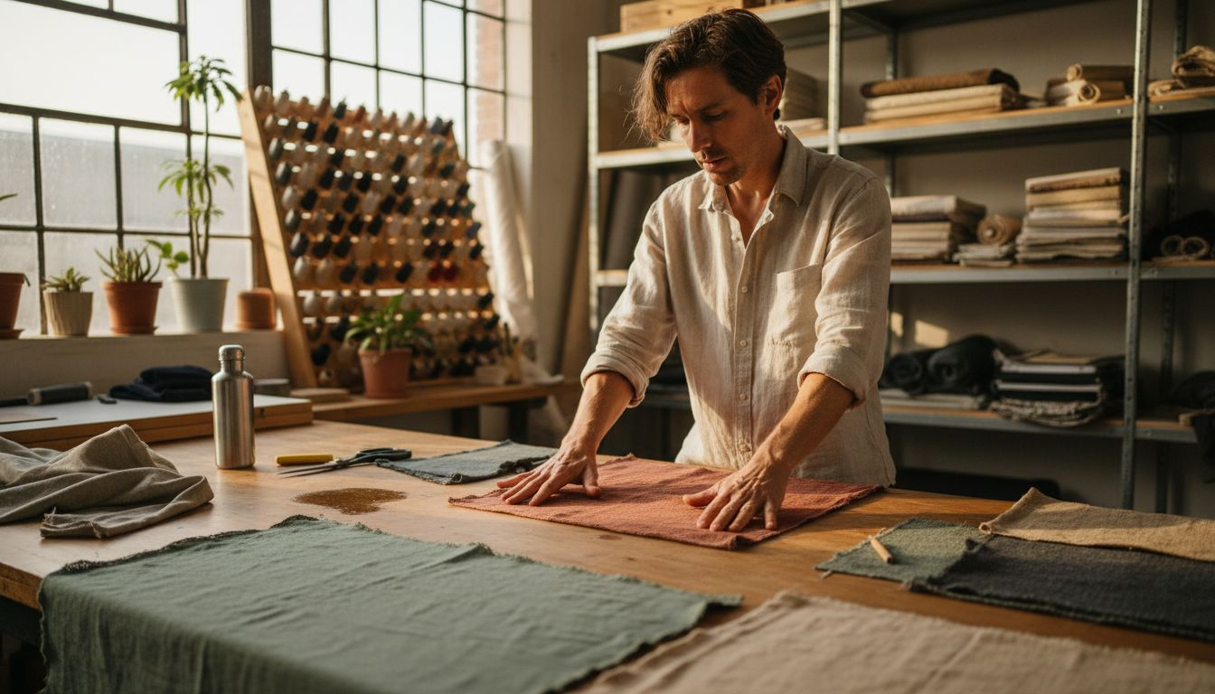 Fashion designer handling recycled fabrics in studio