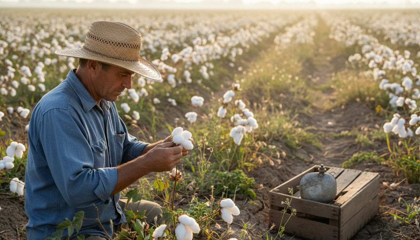Farmer inspecting organic cotton bolls in field