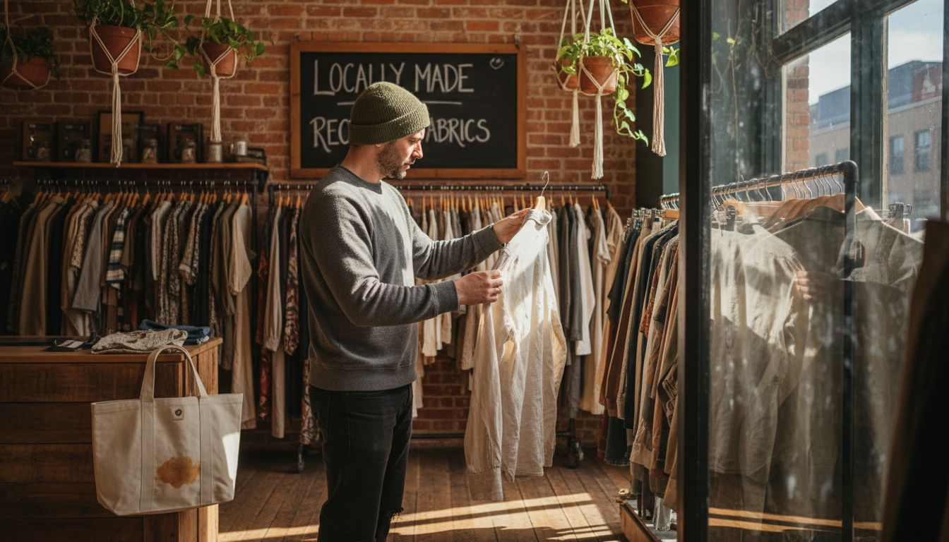 City shopper exploring sustainable clothing rack